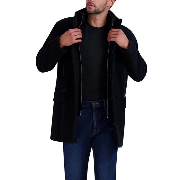 Cole Haan V8208 Men's Black Wool Blend Plush Car Coat Size Large Pockets - Picture 2 of 12